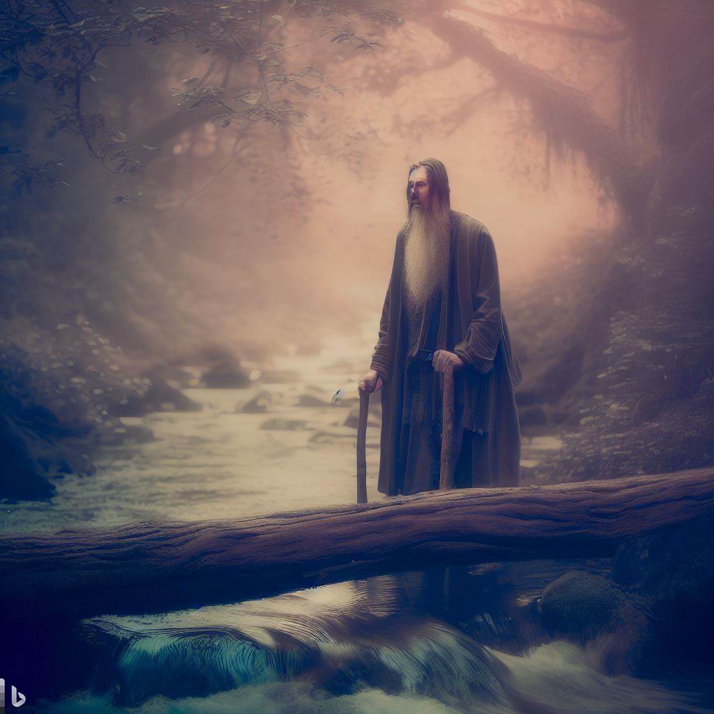 Un anciano misterioso de pie junto a un tronco caído que sirve como puente sobre un río. Estilo Místico y antiguo, con tonos suaves, y un aura mágica alrededor del anciano
